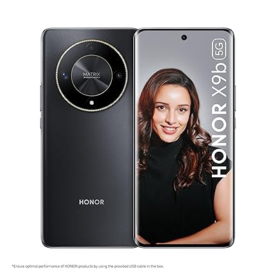 A HONOR X9b 5G smartphone in black color, showing the front screen display with a woman's image and the back side with the camera setup.